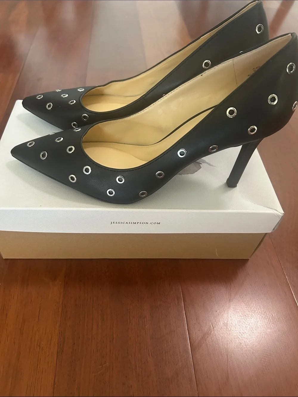 Jessica Simpson Black Pointed Toe Heels with Silver Eyelet Accents 9.5